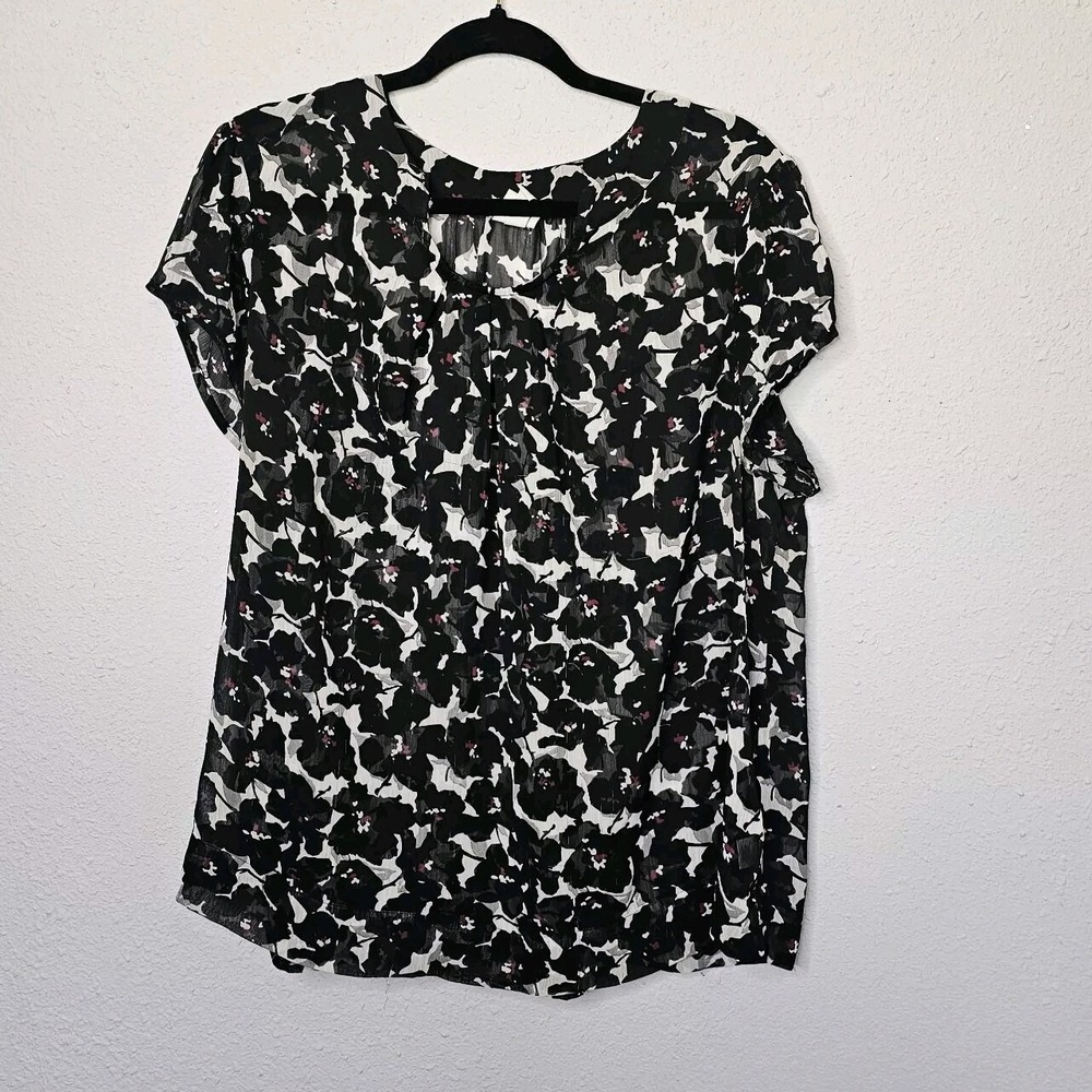 Merona Womens Plus 20W 22W Black Floral Chiffon Blouse Short Sleeve Pleated Top